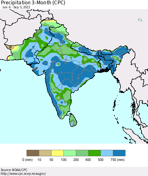 Southern Asia Precipitation 3-Month (CPC) Thematic Map For 6/6/2022 - 9/5/2022