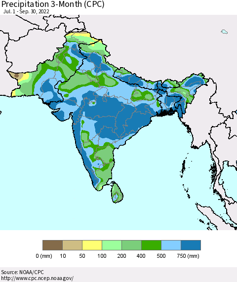 Southern Asia Precipitation 3-Month (CPC) Thematic Map For 7/1/2022 - 9/30/2022
