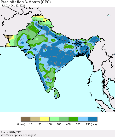 Southern Asia Precipitation 3-Month (CPC) Thematic Map For 7/11/2022 - 10/10/2022