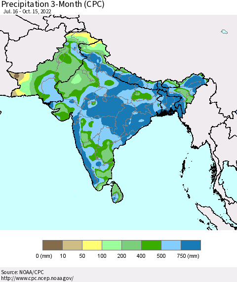 Southern Asia Precipitation 3-Month (CPC) Thematic Map For 7/16/2022 - 10/15/2022