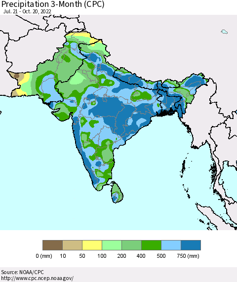 Southern Asia Precipitation 3-Month (CPC) Thematic Map For 7/21/2022 - 10/20/2022
