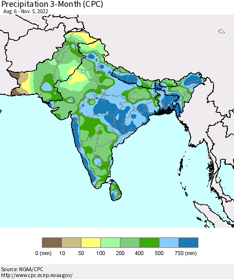 Southern Asia Precipitation 3-Month (CPC) Thematic Map For 8/6/2022 - 11/5/2022