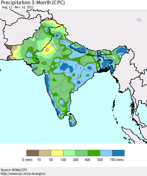 Southern Asia Precipitation 3-Month (CPC) Thematic Map For 8/11/2022 - 11/10/2022