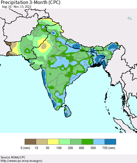 Southern Asia Precipitation 3-Month (CPC) Thematic Map For 8/16/2022 - 11/15/2022