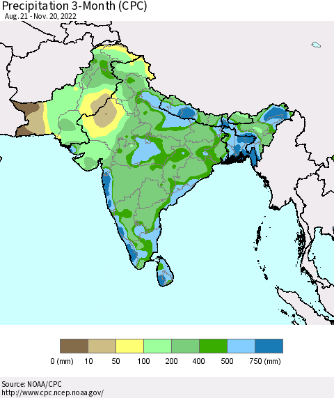 Southern Asia Precipitation 3-Month (CPC) Thematic Map For 8/21/2022 - 11/20/2022