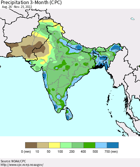 Southern Asia Precipitation 3-Month (CPC) Thematic Map For 8/26/2022 - 11/25/2022