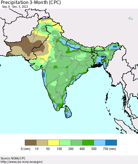 Southern Asia Precipitation 3-Month (CPC) Thematic Map For 9/6/2022 - 12/5/2022