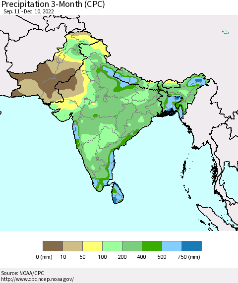 Southern Asia Precipitation 3-Month (CPC) Thematic Map For 9/11/2022 - 12/10/2022