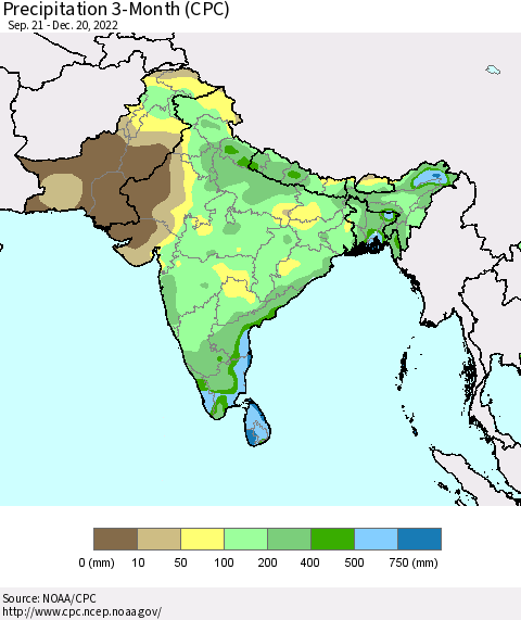 Southern Asia Precipitation 3-Month (CPC) Thematic Map For 9/21/2022 - 12/20/2022