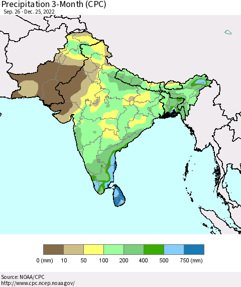Southern Asia Precipitation 3-Month (CPC) Thematic Map For 9/26/2022 - 12/25/2022
