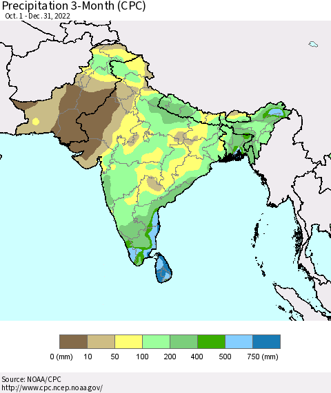 Southern Asia Precipitation 3-Month (CPC) Thematic Map For 10/1/2022 - 12/31/2022