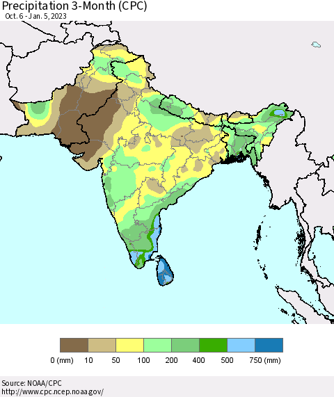 Southern Asia Precipitation 3-Month (CPC) Thematic Map For 10/6/2022 - 1/5/2023