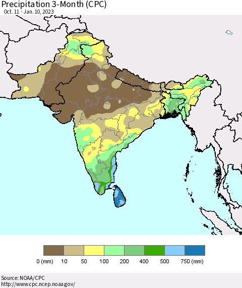 Southern Asia Precipitation 3-Month (CPC) Thematic Map For 10/11/2022 - 1/10/2023