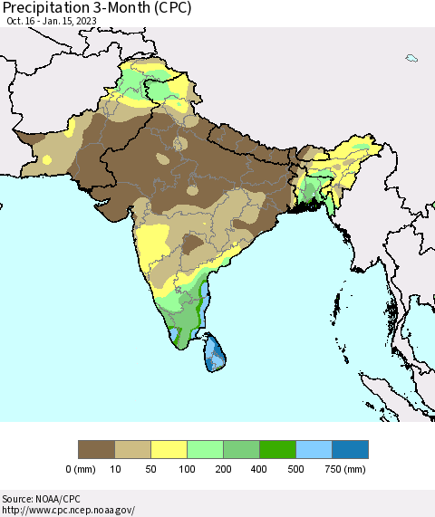 Southern Asia Precipitation 3-Month (CPC) Thematic Map For 10/16/2022 - 1/15/2023