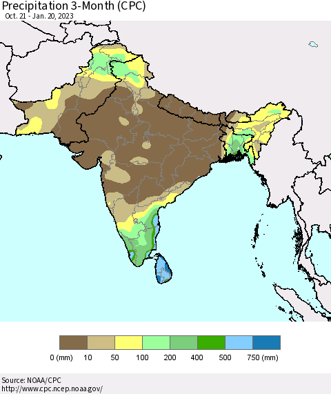 Southern Asia Precipitation 3-Month (CPC) Thematic Map For 10/21/2022 - 1/20/2023