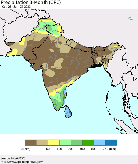 Southern Asia Precipitation 3-Month (CPC) Thematic Map For 10/26/2022 - 1/25/2023