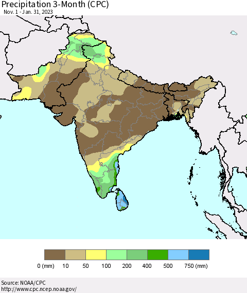 Southern Asia Precipitation 3-Month (CPC) Thematic Map For 11/1/2022 - 1/31/2023