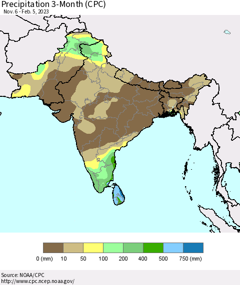 Southern Asia Precipitation 3-Month (CPC) Thematic Map For 11/6/2022 - 2/5/2023
