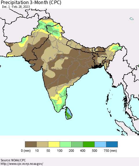 Southern Asia Precipitation 3-Month (CPC) Thematic Map For 12/1/2022 - 2/28/2023