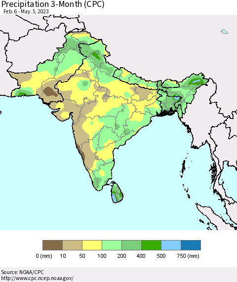 Southern Asia Precipitation 3-Month (CPC) Thematic Map For 2/6/2023 - 5/5/2023