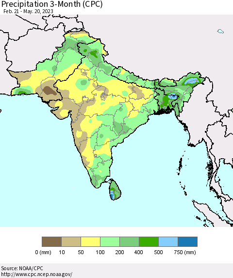 Southern Asia Precipitation 3-Month (CPC) Thematic Map For 2/21/2023 - 5/20/2023