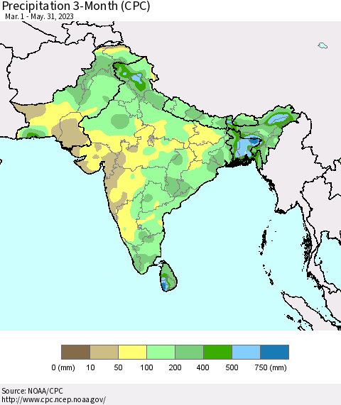 Southern Asia Precipitation 3-Month (CPC) Thematic Map For 3/1/2023 - 5/31/2023