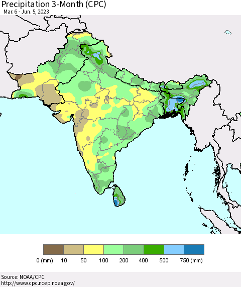 Southern Asia Precipitation 3-Month (CPC) Thematic Map For 3/6/2023 - 6/5/2023