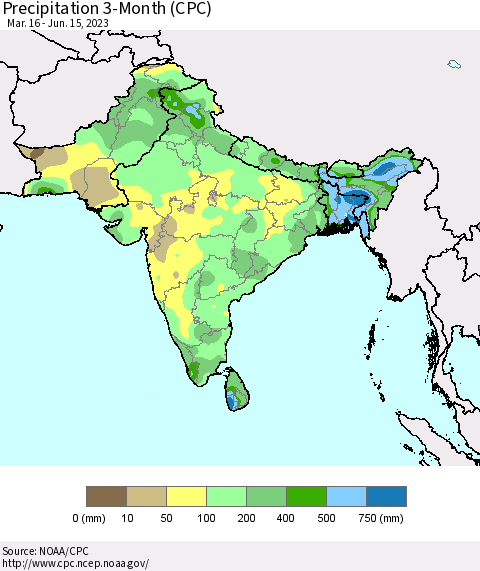 Southern Asia Precipitation 3-Month (CPC) Thematic Map For 3/16/2023 - 6/15/2023