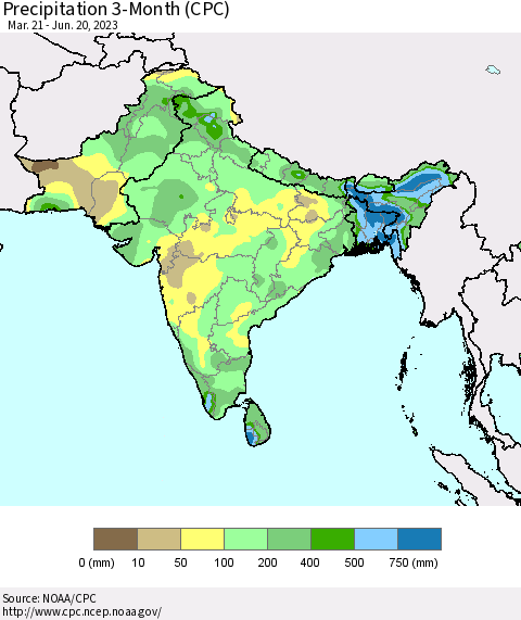 Southern Asia Precipitation 3-Month (CPC) Thematic Map For 3/21/2023 - 6/20/2023