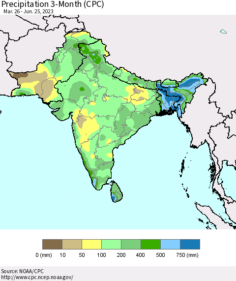 Southern Asia Precipitation 3-Month (CPC) Thematic Map For 3/26/2023 - 6/25/2023