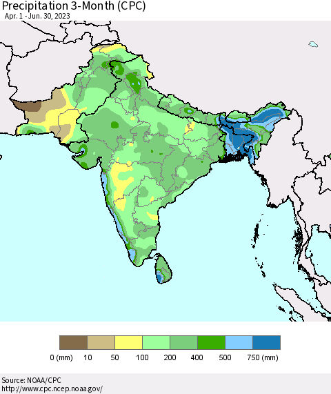 Southern Asia Precipitation 3-Month (CPC) Thematic Map For 4/1/2023 - 6/30/2023
