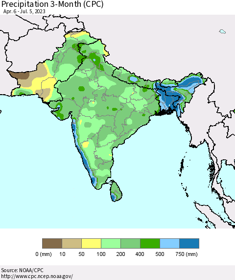 Southern Asia Precipitation 3-Month (CPC) Thematic Map For 4/6/2023 - 7/5/2023