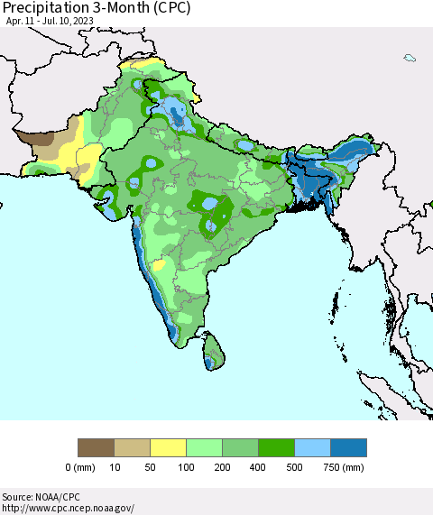 Southern Asia Precipitation 3-Month (CPC) Thematic Map For 4/11/2023 - 7/10/2023
