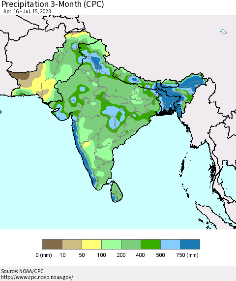 Southern Asia Precipitation 3-Month (CPC) Thematic Map For 4/16/2023 - 7/15/2023