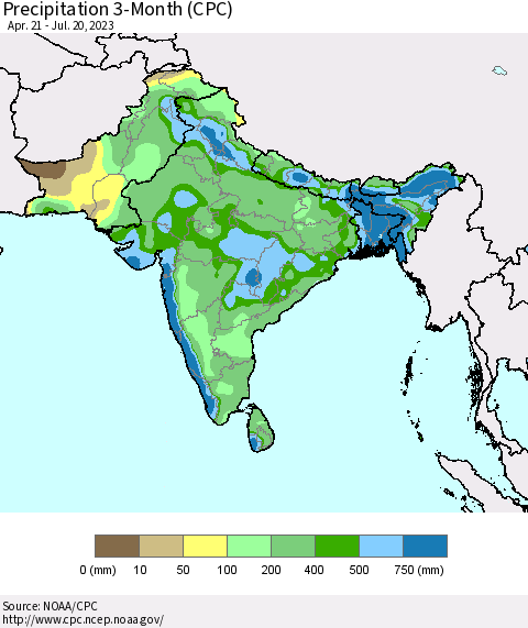 Southern Asia Precipitation 3-Month (CPC) Thematic Map For 4/21/2023 - 7/20/2023