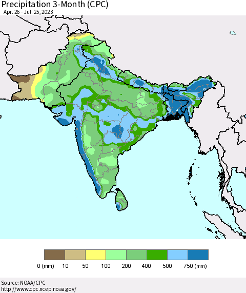 Southern Asia Precipitation 3-Month (CPC) Thematic Map For 4/26/2023 - 7/25/2023