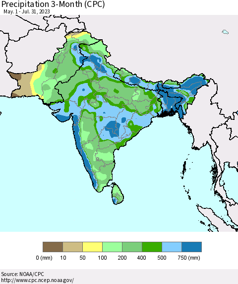 Southern Asia Precipitation 3-Month (CPC) Thematic Map For 5/1/2023 - 7/31/2023