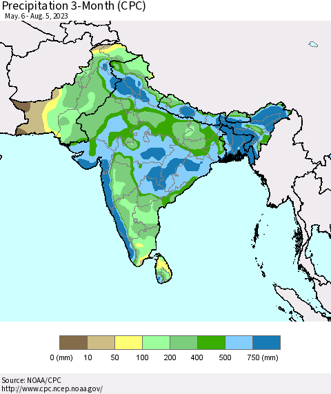Southern Asia Precipitation 3-Month (CPC) Thematic Map For 5/6/2023 - 8/5/2023