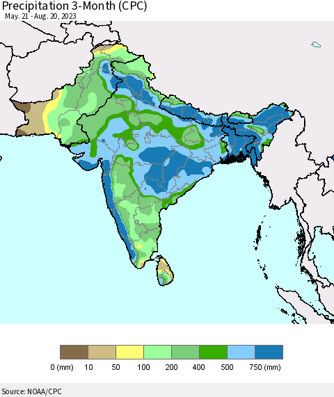 Southern Asia Precipitation 3-Month (CPC) Thematic Map For 5/21/2023 - 8/20/2023