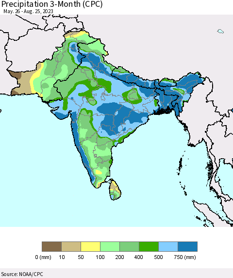 Southern Asia Precipitation 3-Month (CPC) Thematic Map For 5/26/2023 - 8/25/2023