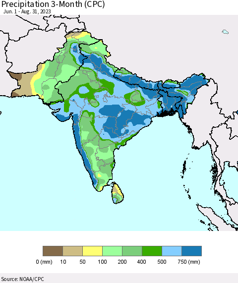 Southern Asia Precipitation 3-Month (CPC) Thematic Map For 6/1/2023 - 8/31/2023