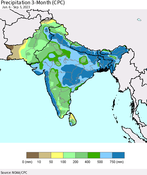 Southern Asia Precipitation 3-Month (CPC) Thematic Map For 6/6/2023 - 9/5/2023