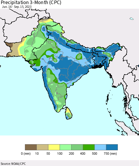 Southern Asia Precipitation 3-Month (CPC) Thematic Map For 6/16/2023 - 9/15/2023