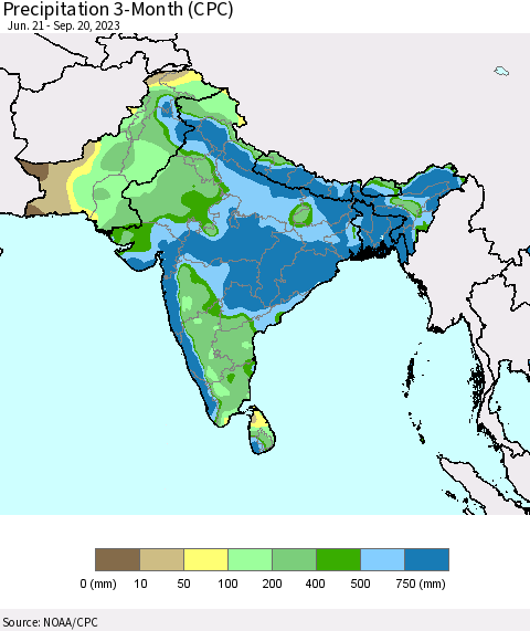 Southern Asia Precipitation 3-Month (CPC) Thematic Map For 6/21/2023 - 9/20/2023