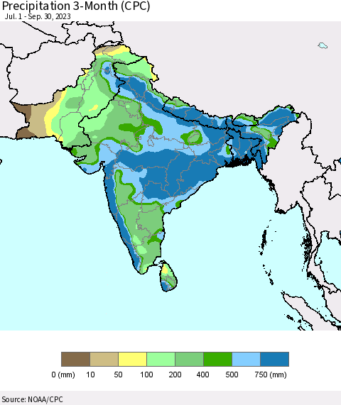 Southern Asia Precipitation 3-Month (CPC) Thematic Map For 7/1/2023 - 9/30/2023