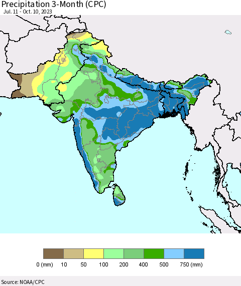 Southern Asia Precipitation 3-Month (CPC) Thematic Map For 7/11/2023 - 10/10/2023