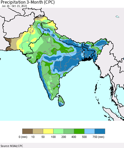 Southern Asia Precipitation 3-Month (CPC) Thematic Map For 7/16/2023 - 10/15/2023
