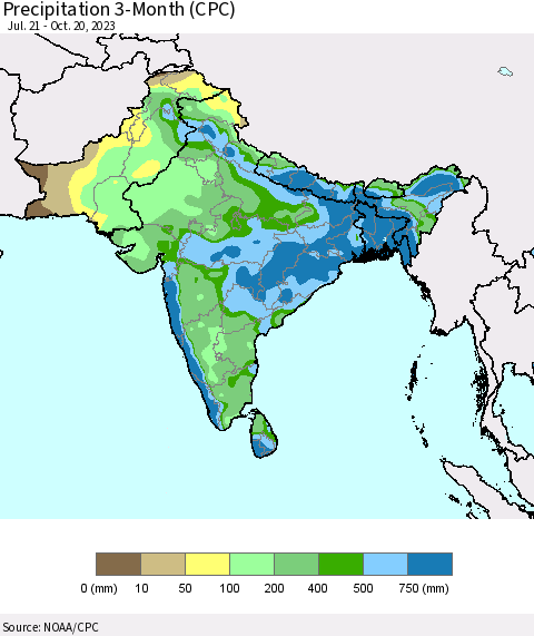 Southern Asia Precipitation 3-Month (CPC) Thematic Map For 7/21/2023 - 10/20/2023