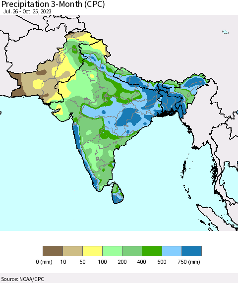 Southern Asia Precipitation 3-Month (CPC) Thematic Map For 7/26/2023 - 10/25/2023