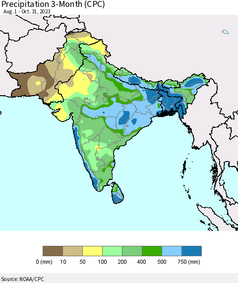 Southern Asia Precipitation 3-Month (CPC) Thematic Map For 8/1/2023 - 10/31/2023